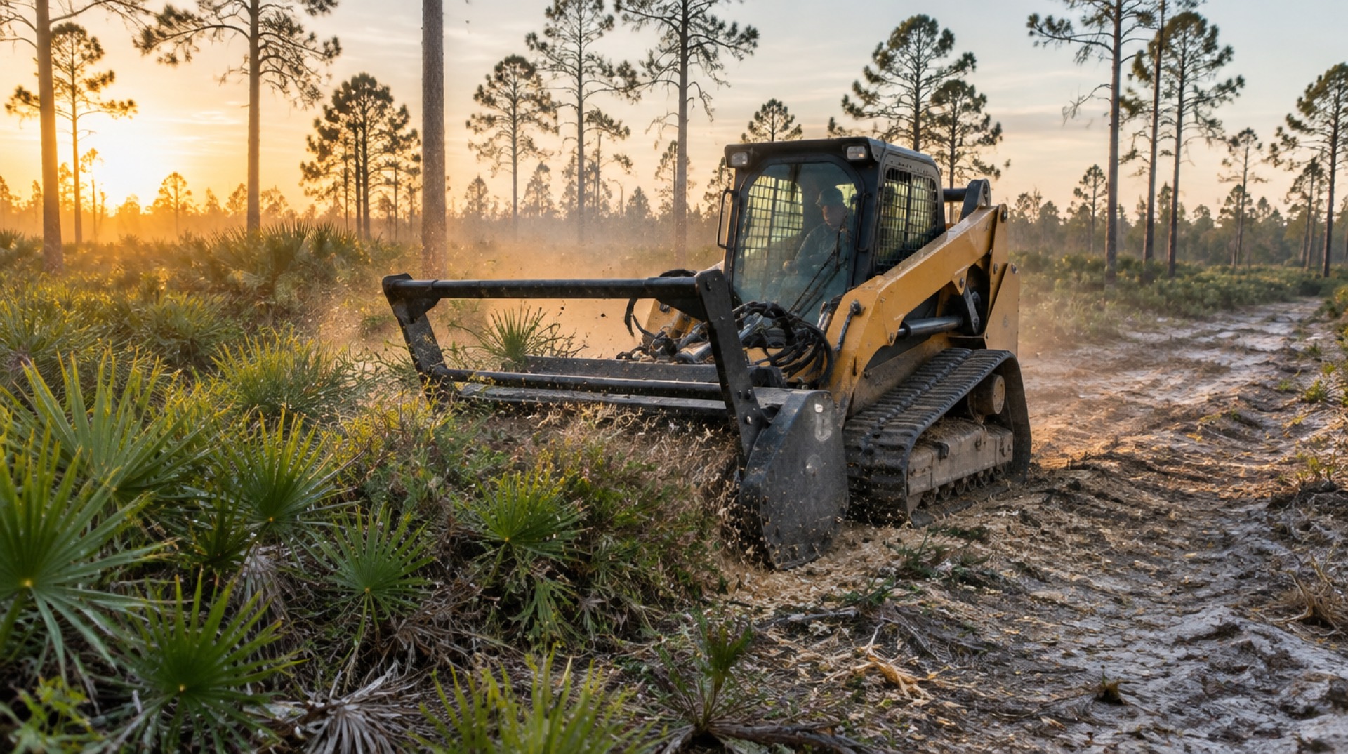 Forestry mulcher working through saw palmetto under slash pines at dawn