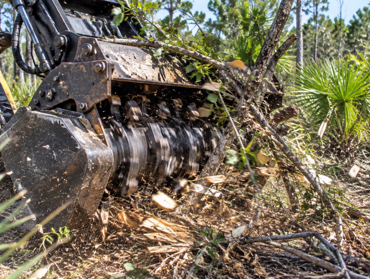 Close view of a forestry mulching head grinding through brush
