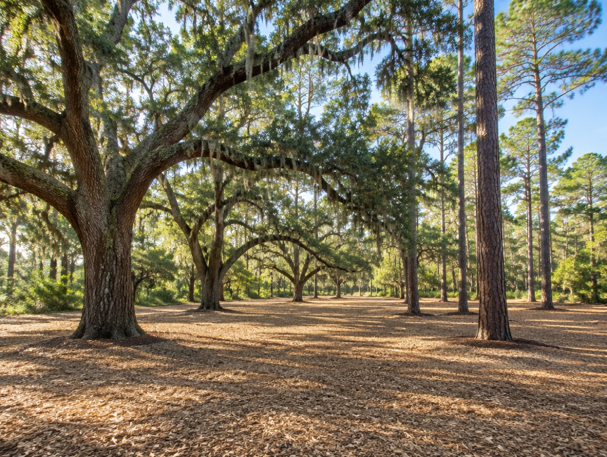 Open ground under preserved live oaks after selective clearing