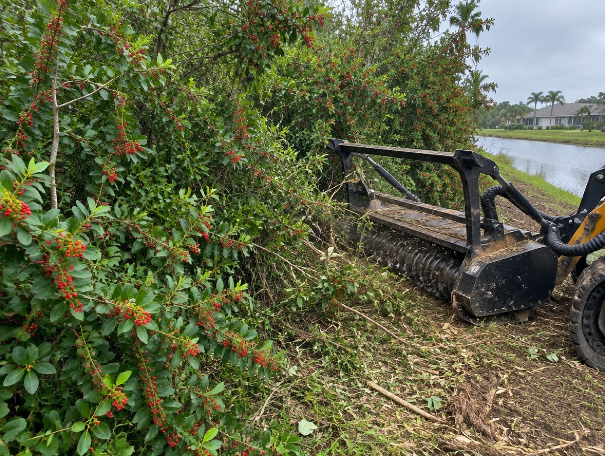 Mulching head cutting into a Brazilian pepper thicket beside a pond