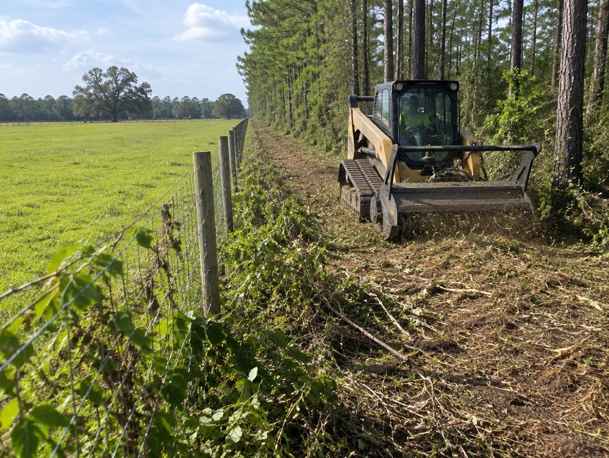 Cleared strip along a wire fence line between pasture and pines