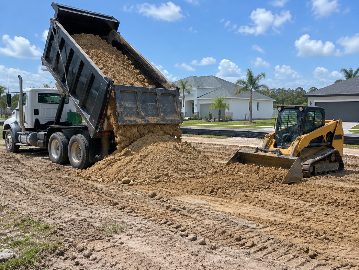 Dump truck tipping fill dirt onto a cleared lot while a skid steer spreads it