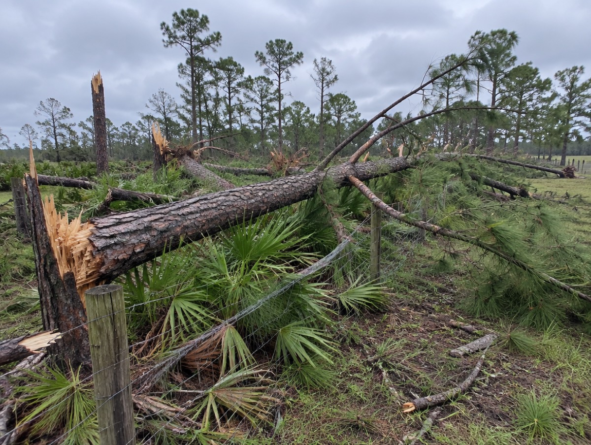 Storm-snapped slash pines lying across rural land and a fence line