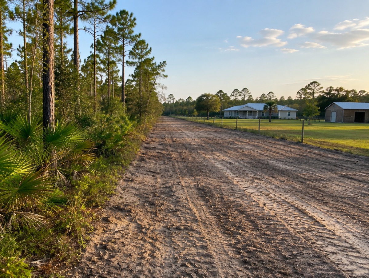 Bare sandy firebreak strip between pine and palmetto scrub and a rural house and barn