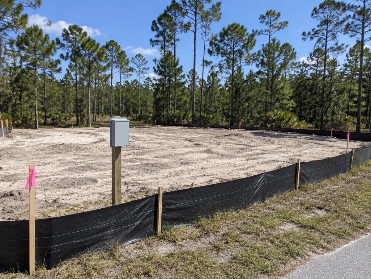Cleared sandy lot edged with black silt fence and survey stakes
