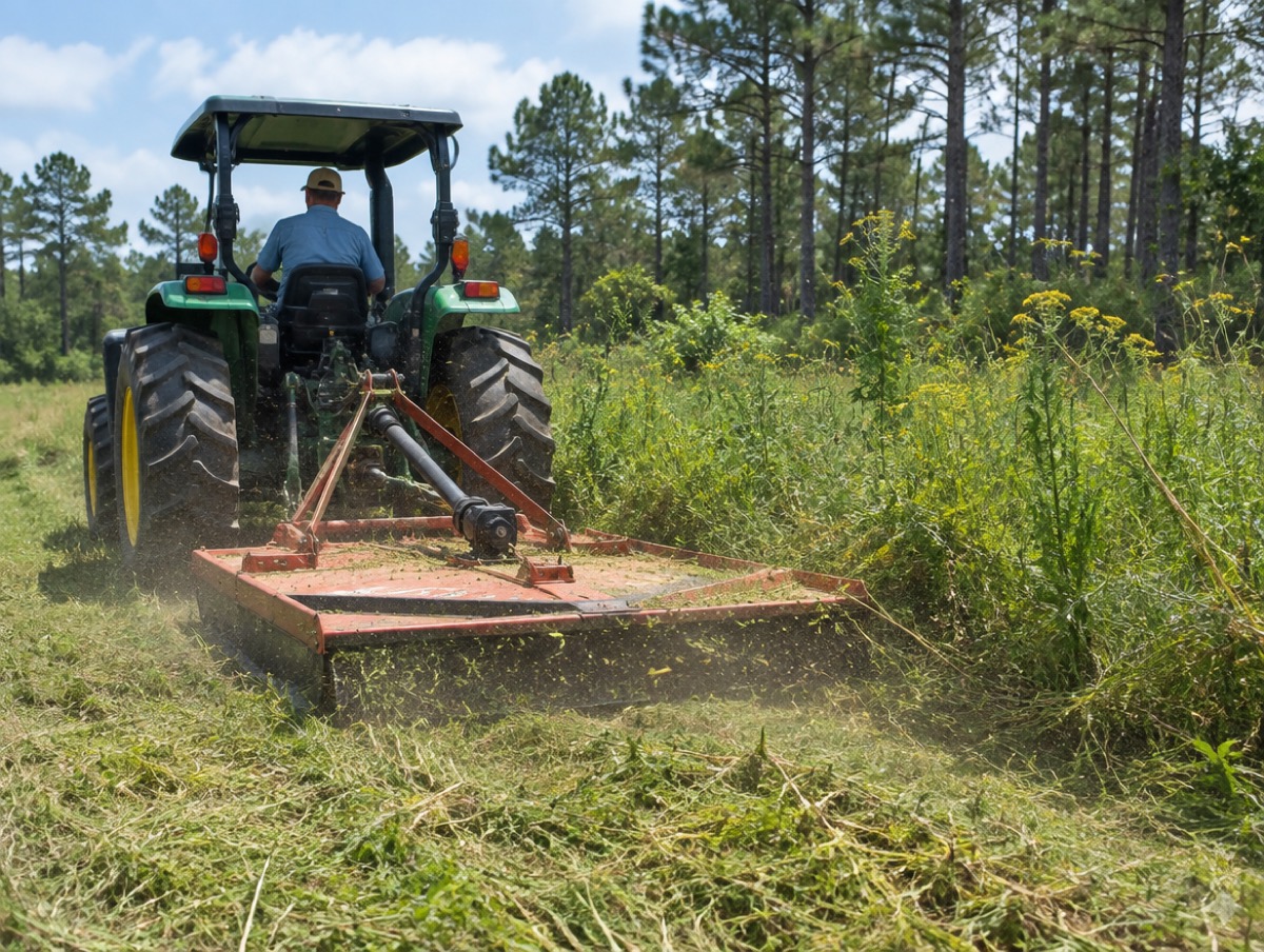 Tractor with a rotary brush mower cutting tall grass on open acreage