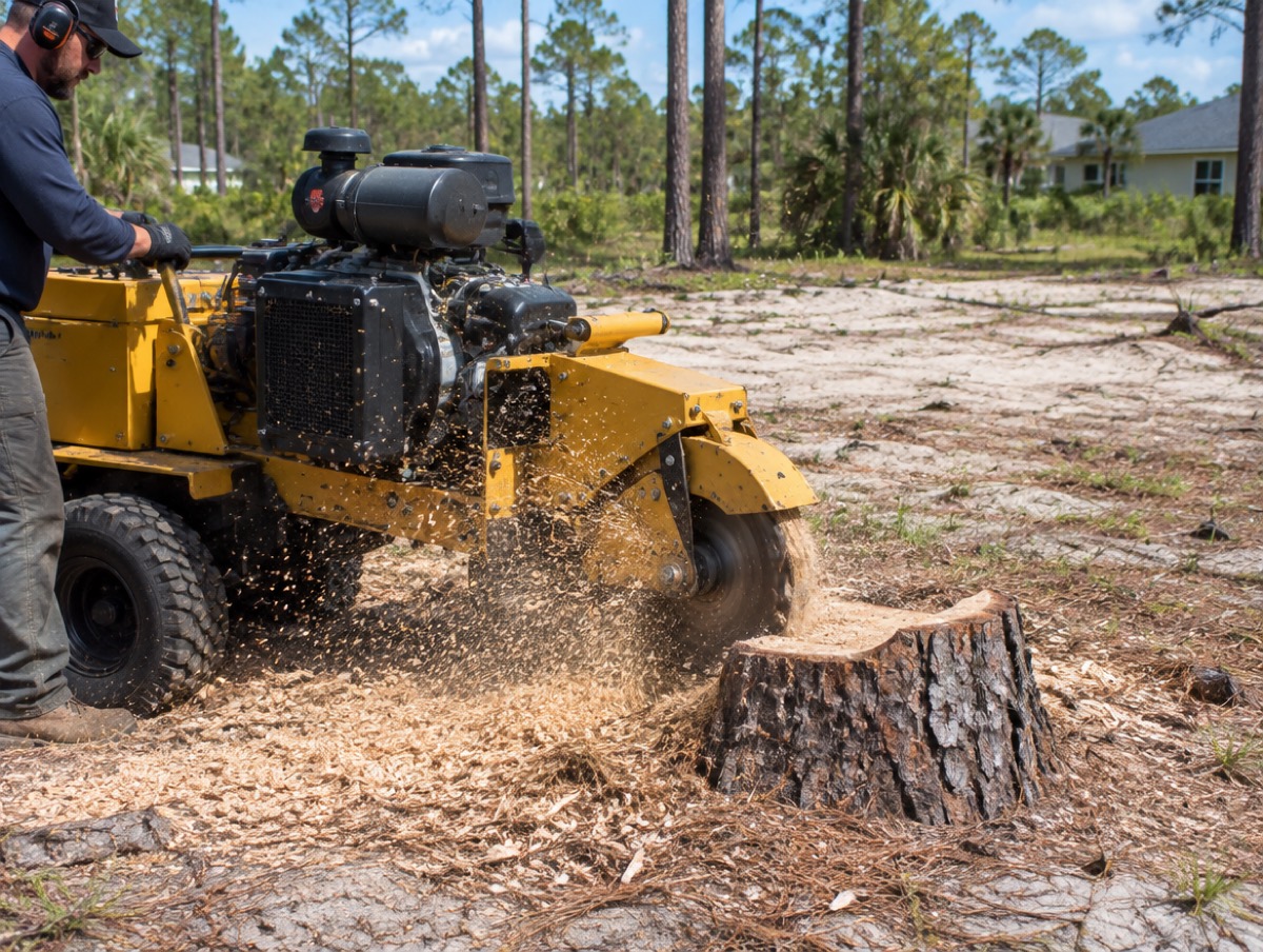 Stump grinder cutting into a pine stump on a cleared sandy lot